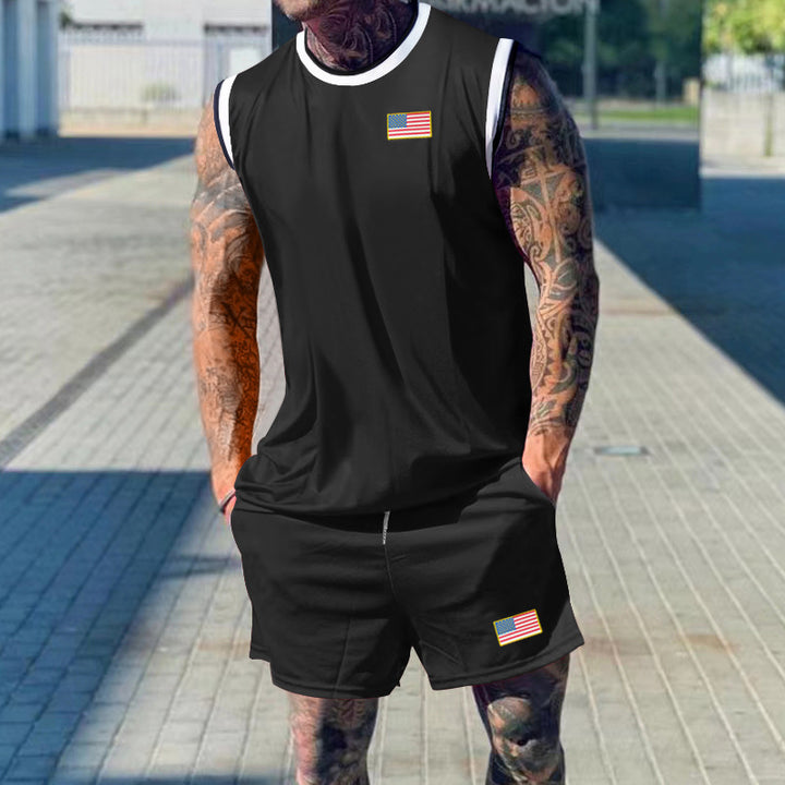Herren sportliches Tanktop und Shorts-Set mit dekorativem Flaggenmotiv Drune