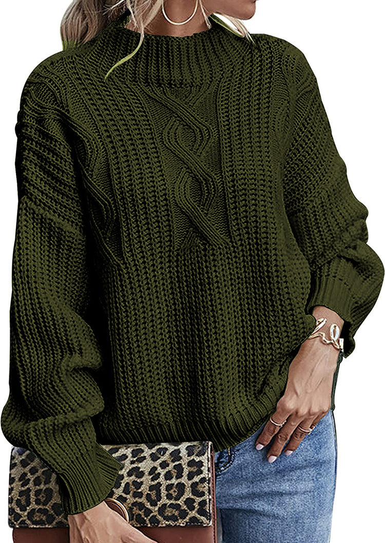 Damen Grobstrickpullover mit hohem Kragen und dekorativem Zopfmuster Drune