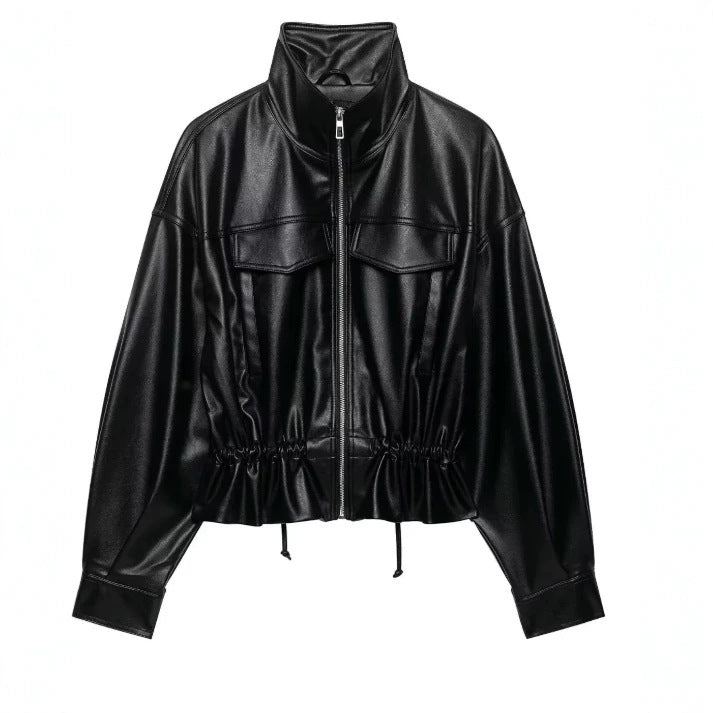 Damen Cropped Kunstleder‑Blouson mit Stehkragen, Pattentaschen und Tunnelzugtaillierung Drune