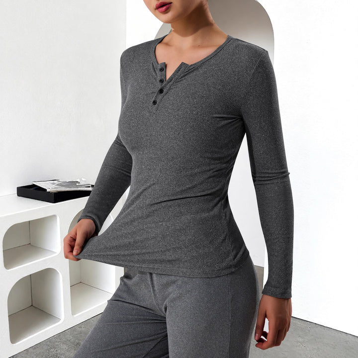 Damen Geripptes Henley-Langarmshirt mit Knopfleiste und figurnahem Schnitt Drune