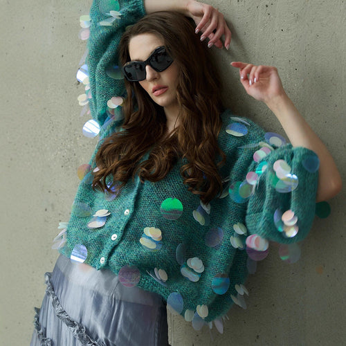 Damen Grobgestrickter Mohair-Cardigan mit übergroßen Pailletten und kastiger Silhouette Drune