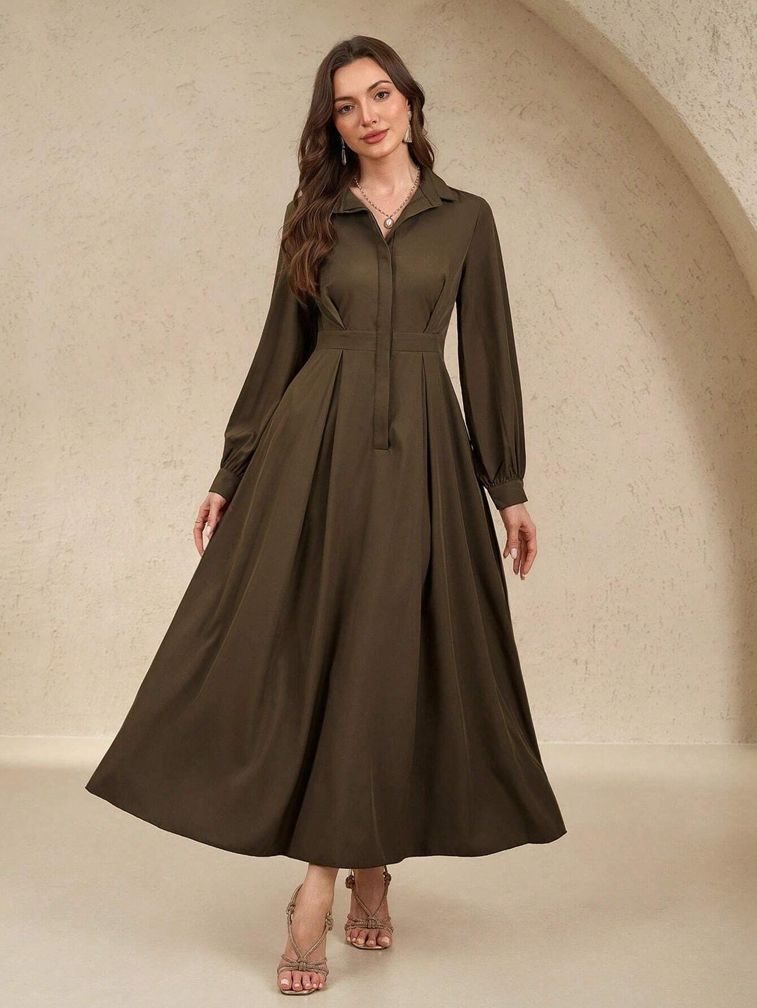 Damen nan langes Hemdblusenkleid mit Taillengürtel, verdeckter Knopfleiste und ballonärmeln Drune
