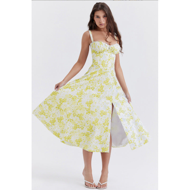 Damen Maxikleid mit floralem Design und elegantem Schlitz Drune