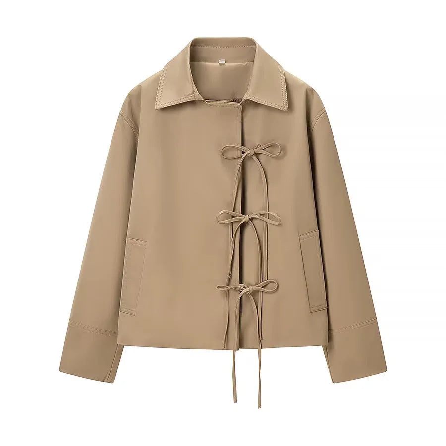 Damen nan kurze Bindemantel-Jacke mit Hemdkragen dekorativen Schleifen und kastiger Cropped-Silhouette Drune