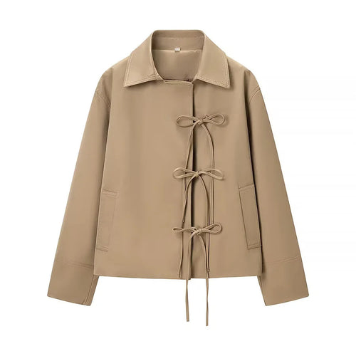 Damen nan kurze Bindemantel-Jacke mit Hemdkragen dekorativen Schleifen und kastiger Cropped-Silhouette Drune