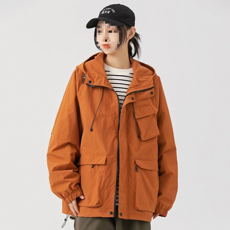 Damen Oversize Utility-Übergangsjacke mit Kapuze, Mehrfach-Taschen & Kordelzug Drune