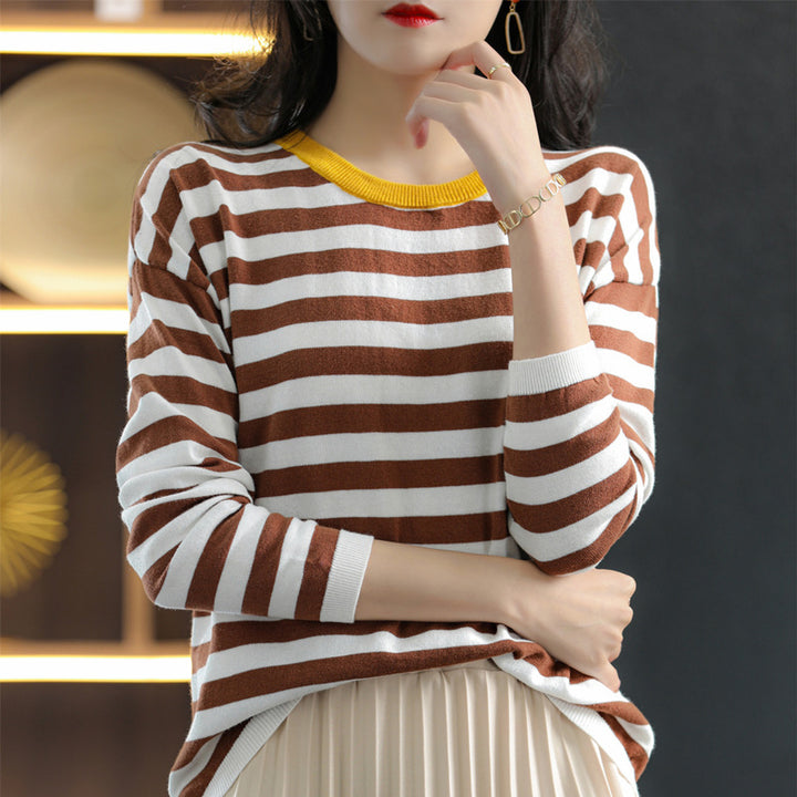 Damen Maritim-inspiriertes gestreiftes Feinstrick-Shirt mit weitem Boot-Ausschnitt und Kontrastkante Drune