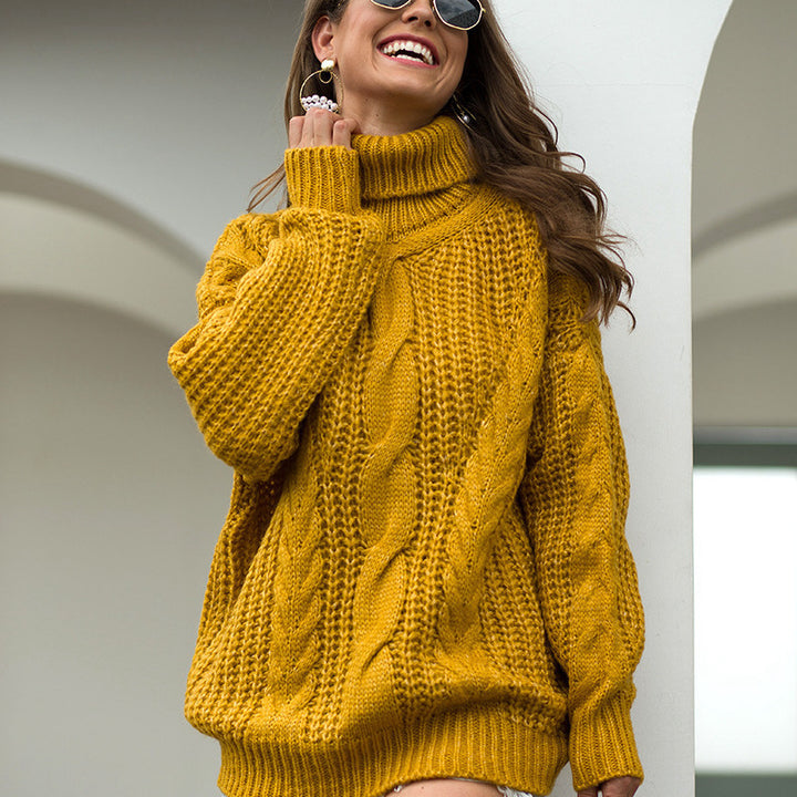 Damen Grobstrick Pullover mit hohem Kragen und strukturiertem Zopfdesign Drune