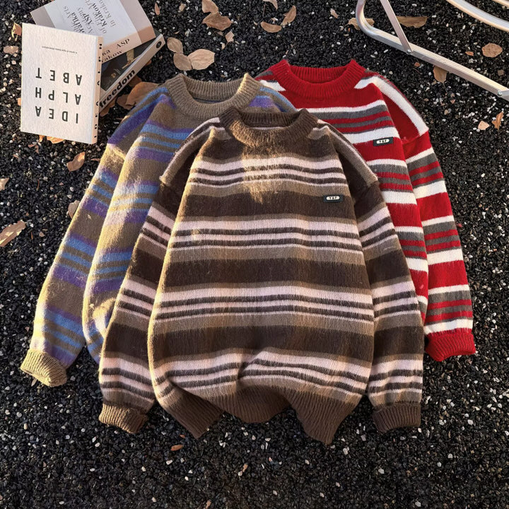 Unisex Gestreifter Oversize-Mohair‑Optik Pullover mit Rundhals und weicher Struktur Drune