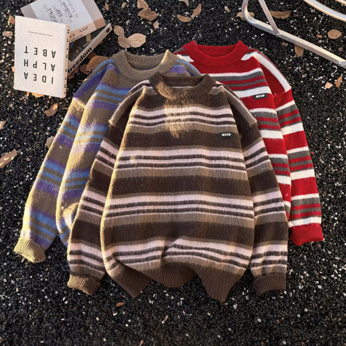 Unisex Gestreifter Oversize-Mohair‑Optik Pullover mit Rundhals und weicher Struktur Drune