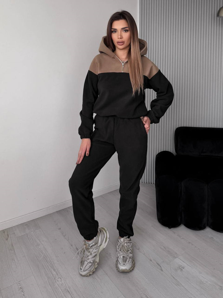 Damen Zweiteiliges Farbblock-Loungewear-Set mit halbem Reißverschluss und schmaler Jogginghose Drune
