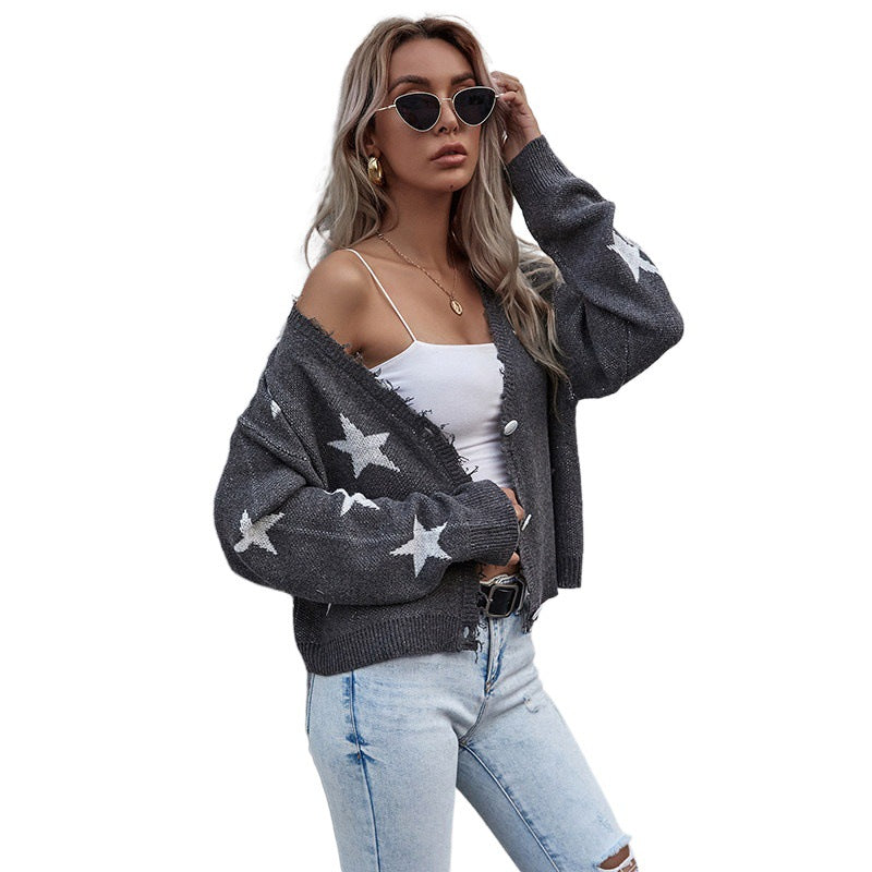 Damen Lässiger Cardigan mit Sternenprint und Knopfdetails Drune