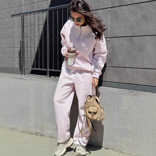 Damen Sweatset mit Halbreißverschluss, oversized Pullover und hochtaillierter weit geschnittener Jogginghose Drune