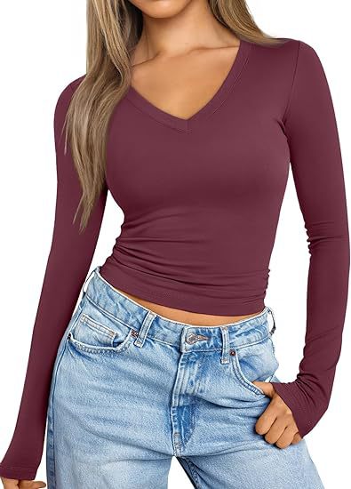 Damen Figurnahes Langarm-Cropped-Shirt mit V-Ausschnitt und elastischem Taillenbund Drune