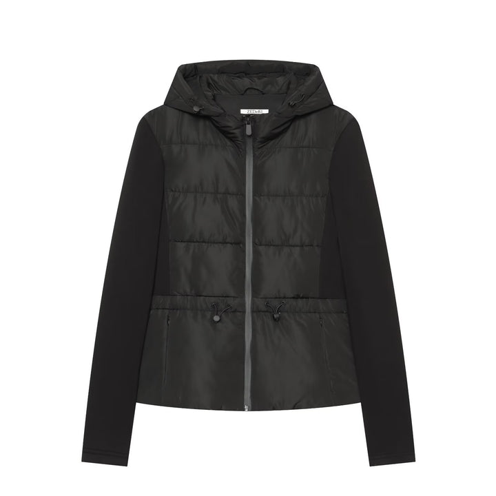 Damen Kurzjacke im Materialmix mit gesteppter Front, Kapuze und taillierendem Tunnelzug Drune