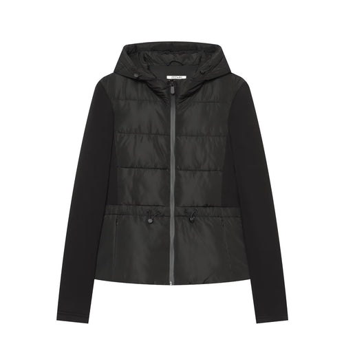 Damen Kurzjacke im Materialmix mit gesteppter Front, Kapuze und taillierendem Tunnelzug Drune