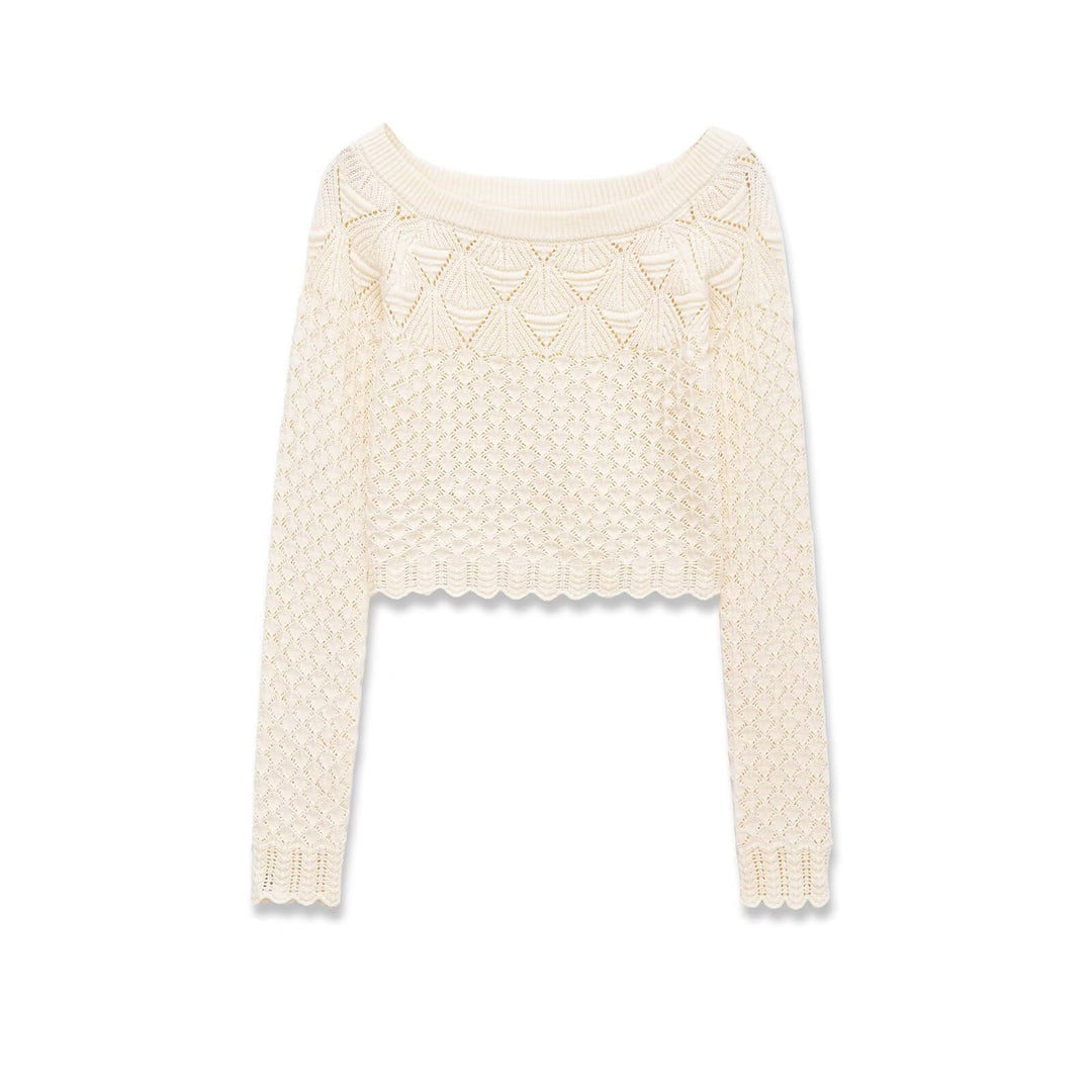 Damen Gestricktes Cropped-Feinstrickoberteil mit Lochmuster und U-Boot-Ausschnitt Drune