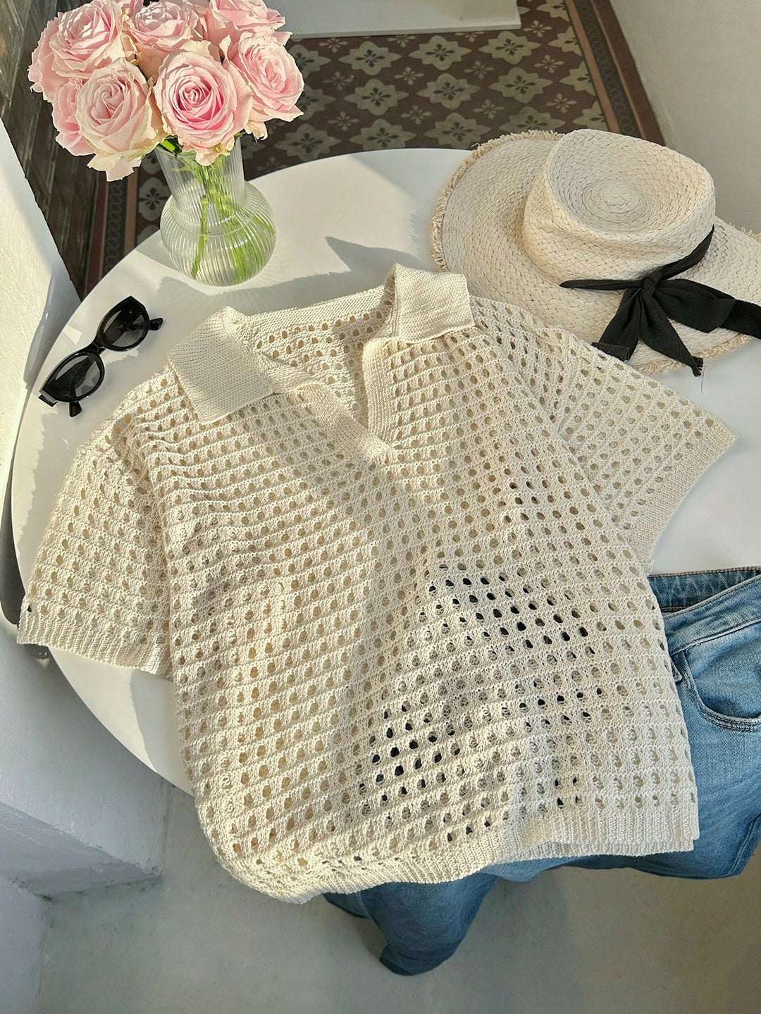 Damen luftiges Strickoberteil mit modernem Netzdesign Drune