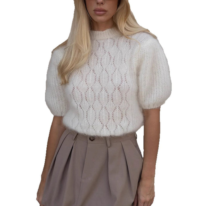 Damen Flauschiger Kurzgeschnittener Mohair-Mix Pullover mit Kurzärmeln und Stehkragen Drune