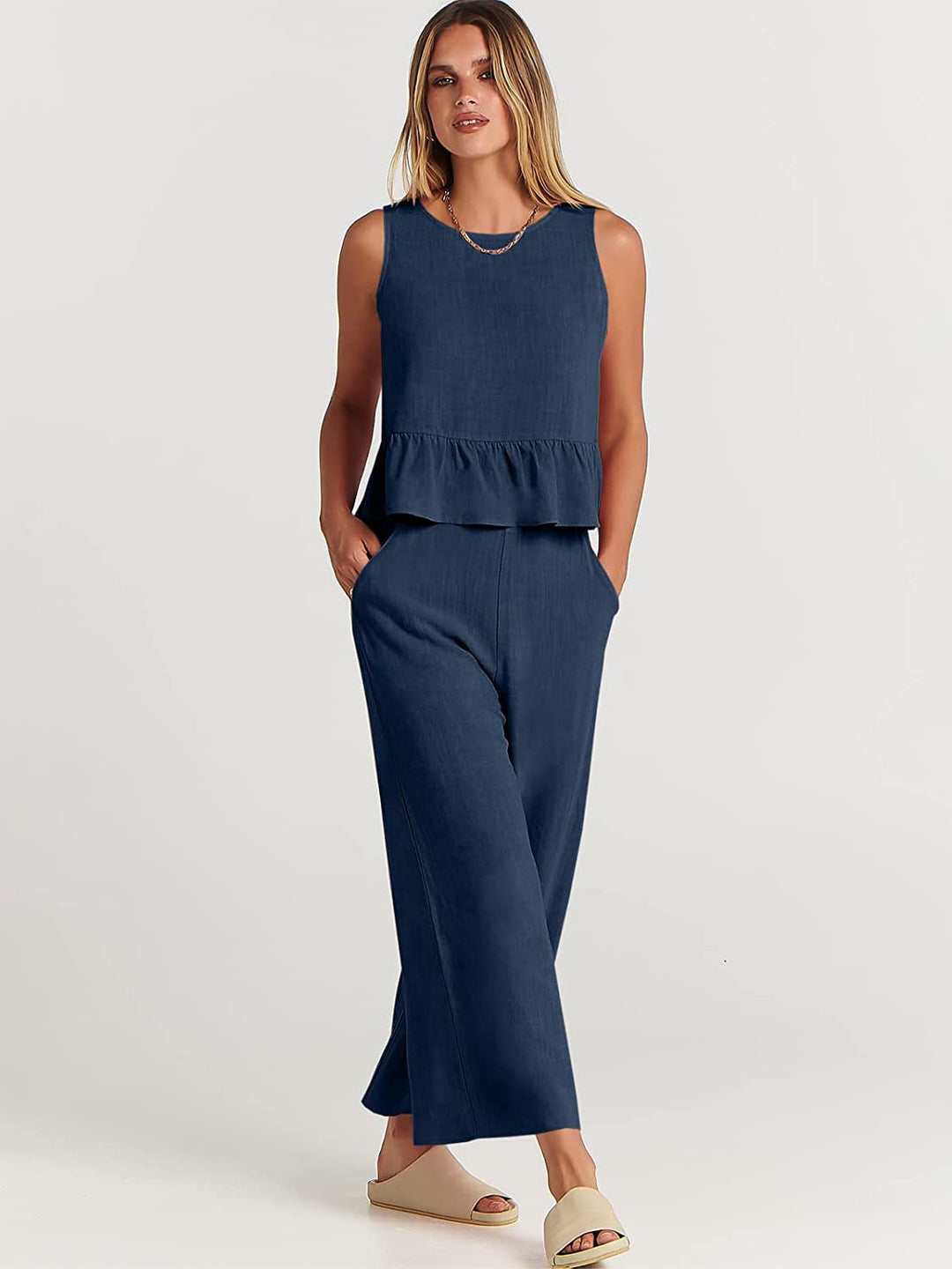 Damen Zweiteiler-Set mit schickem Peplum-Oberteil und weit geschnittenen Hosen Drune