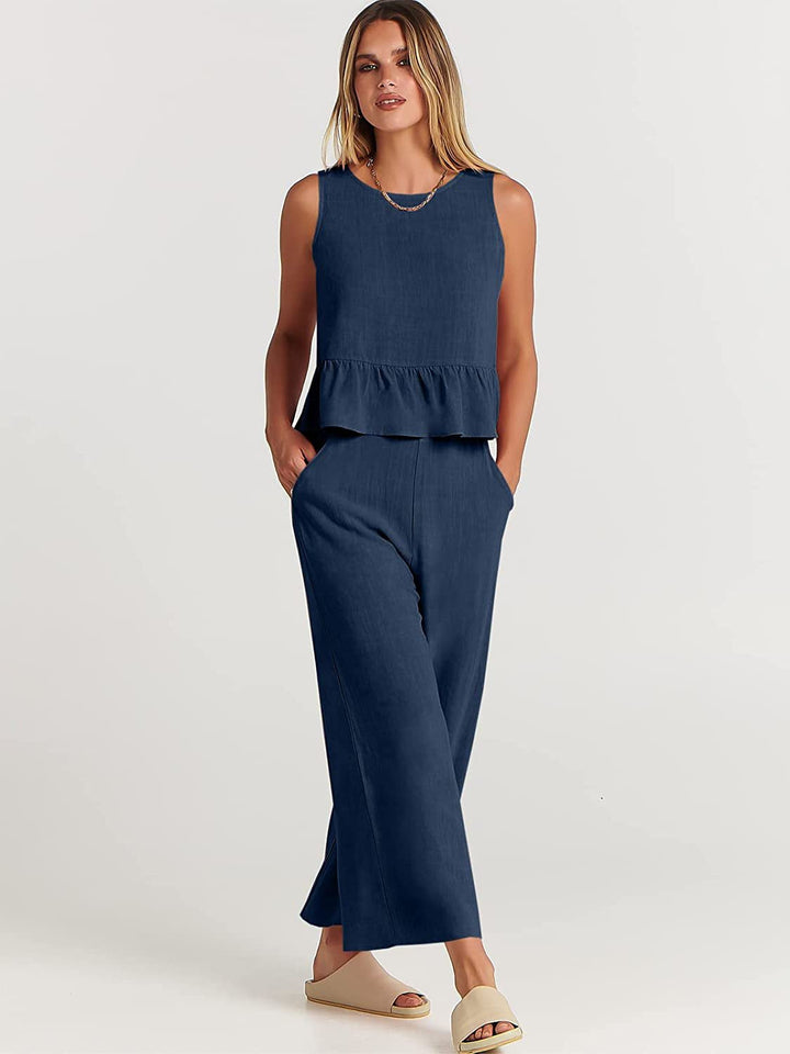 Damen Zweiteiler-Set mit schickem Peplum-Oberteil und weit geschnittenen Hosen Drune