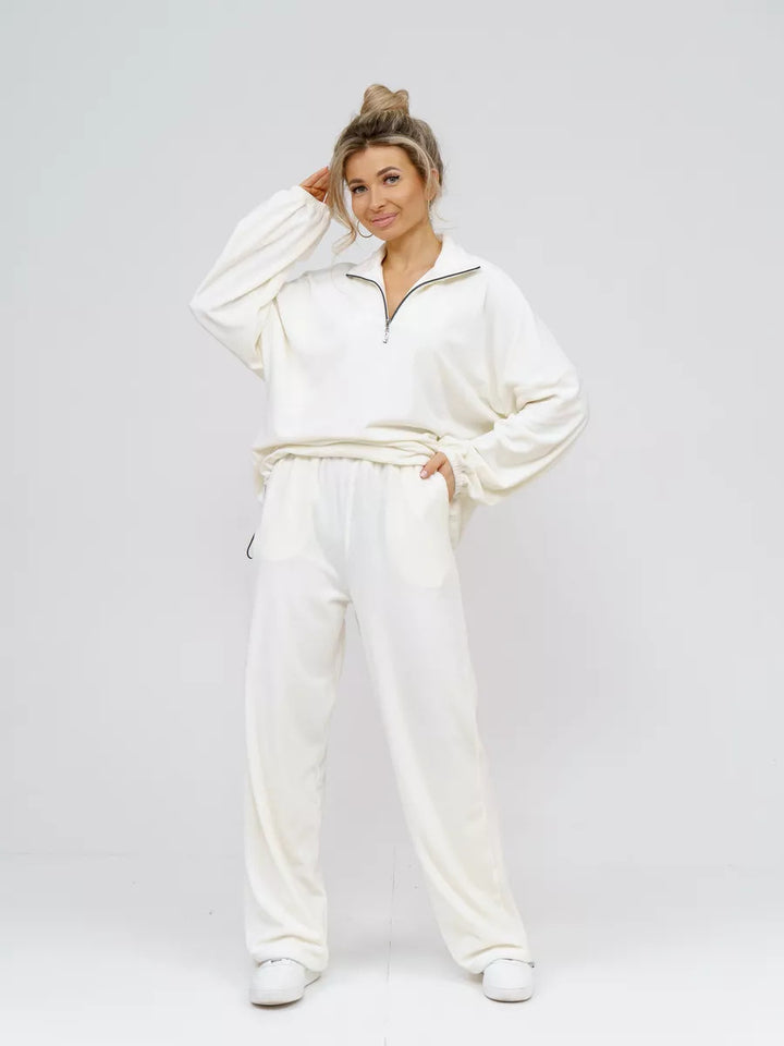 Damen samtiges zweiteiliges Lounge-Set mit Kapuzen-Halbzip und elastischer Bundhose Drune