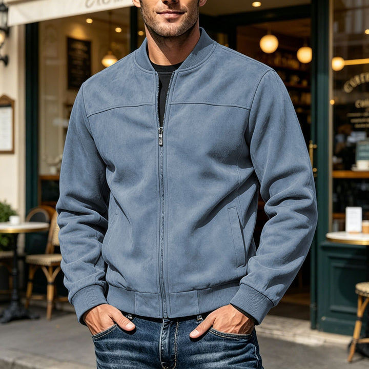 Herren Veloursleder-Optik Bomberjacke mit Reißverschluss und Rippbündchen Drune