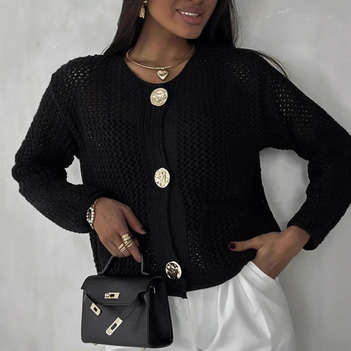 Damen luftiger Strickjacke mit dekorativem Netzdesign und praktischen Taschen Drune