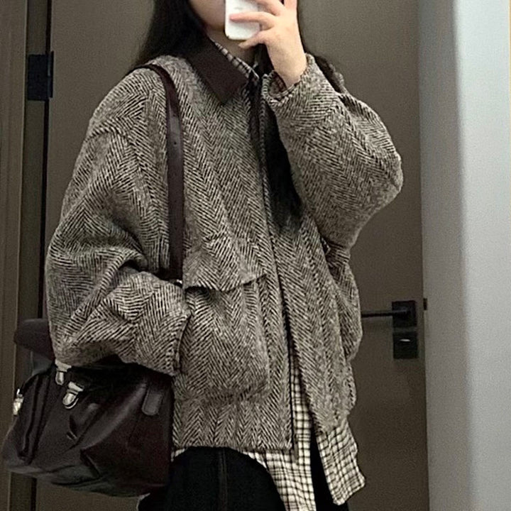 Damen lässige Wolljacke mit Karomuster Drune