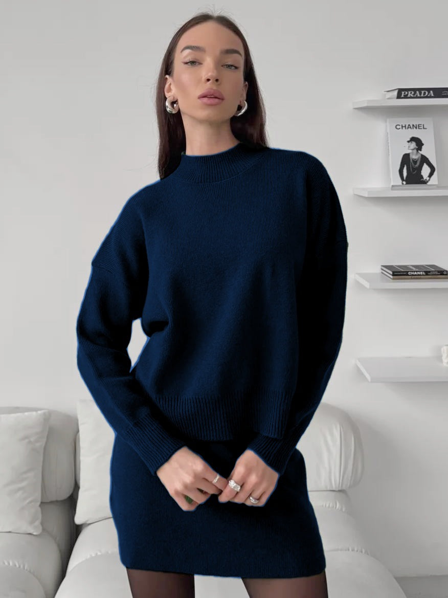 Damen kuscheliges Strickensemble mit hochgeschlossenem Design und ausgestelltem Rock Drune