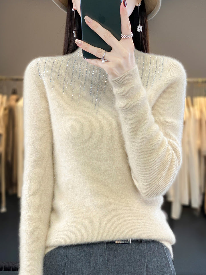 Damen Kaschmir‑Optik Mockneck-Pullover mit funkelnder Strasskaskade Drune