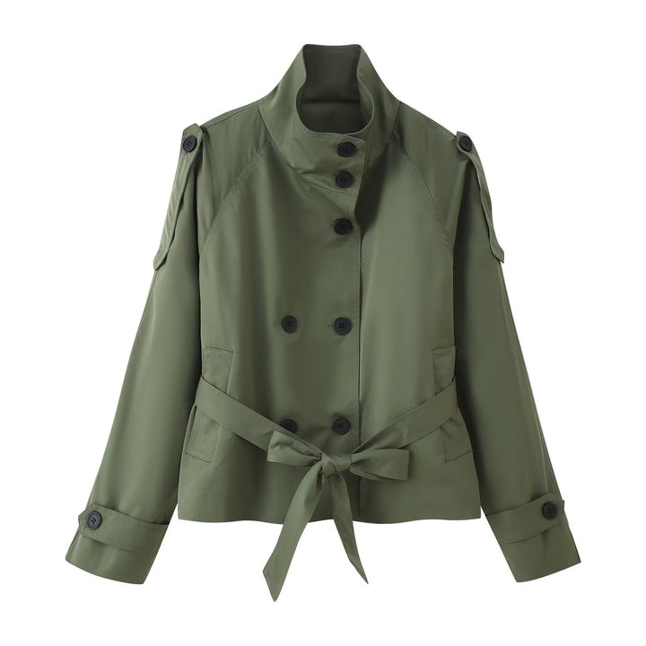 Damen 400+ kurzer taillierter Trenchblouson mit Stehkragen, doppelreihiger Knopfleiste und Bindegürtel Drune
