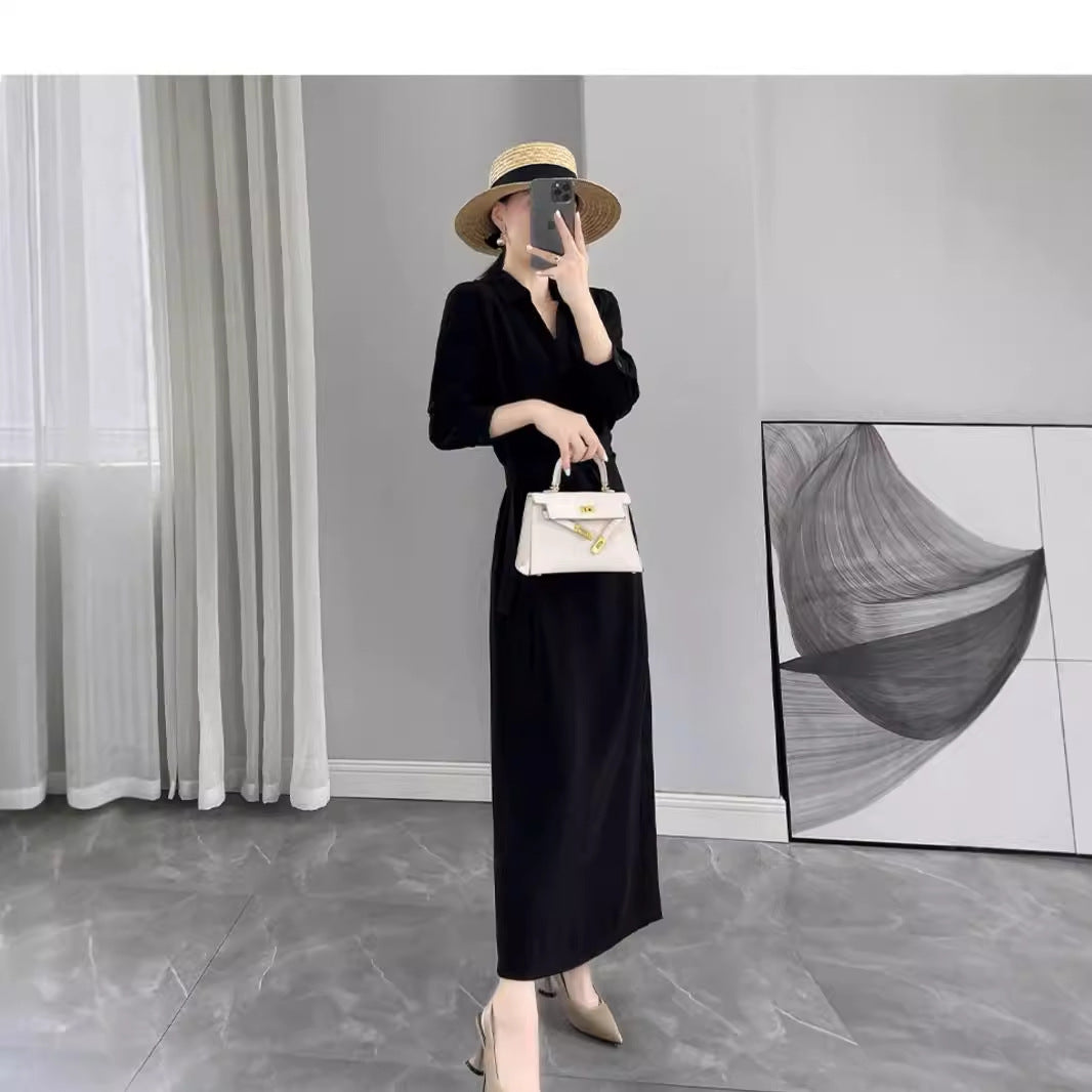 Damen Langärmliges Wickel‑Maxikleid mit Taillengürtel und V‑Ausschnitt Drune