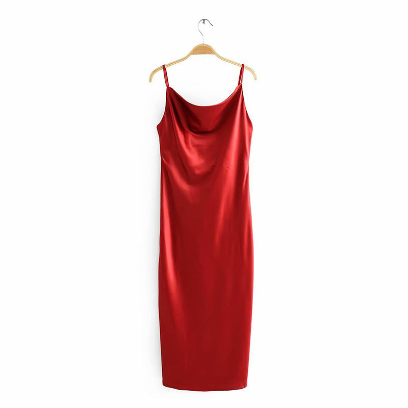 Damen Satin-Midikleid mit verführerischem V-Ausschnitt und Spaghettiträgern Drune