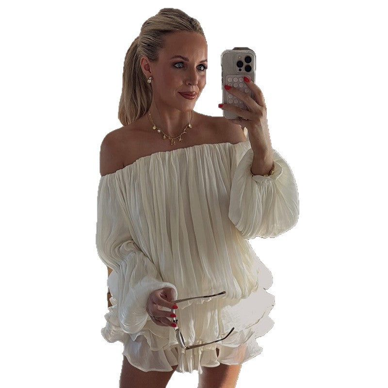 Damen luftiges Off-Shoulder Kleid mit Rüschenschnitt Drune