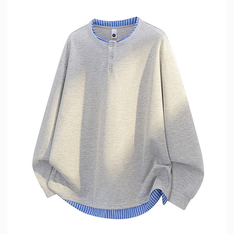 Unisex Oversize Henley-Langarmshirt mit Rippenstruktur und Einsatzlayer Drune