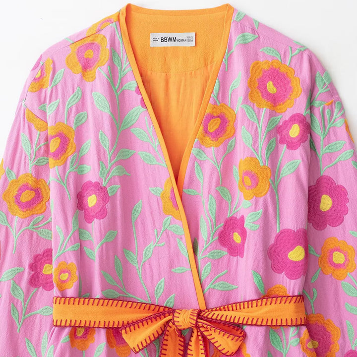 Damen Bestickte Kimono-Jacke mit Taillenbindegürtel und floraler Stickerei Drune