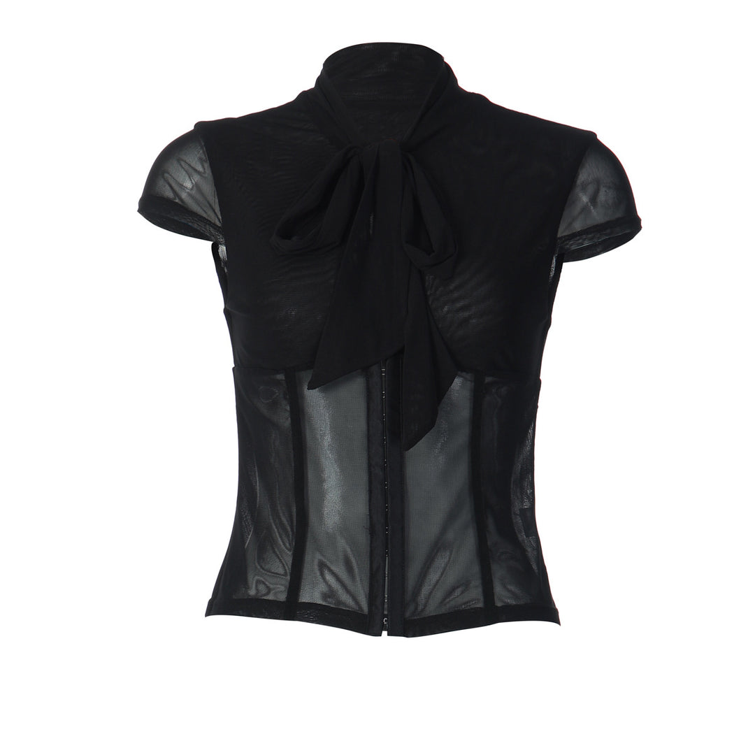 Damen Edles Spitzenoberteil mit dekorativer Schleife und transparentem Design Drune