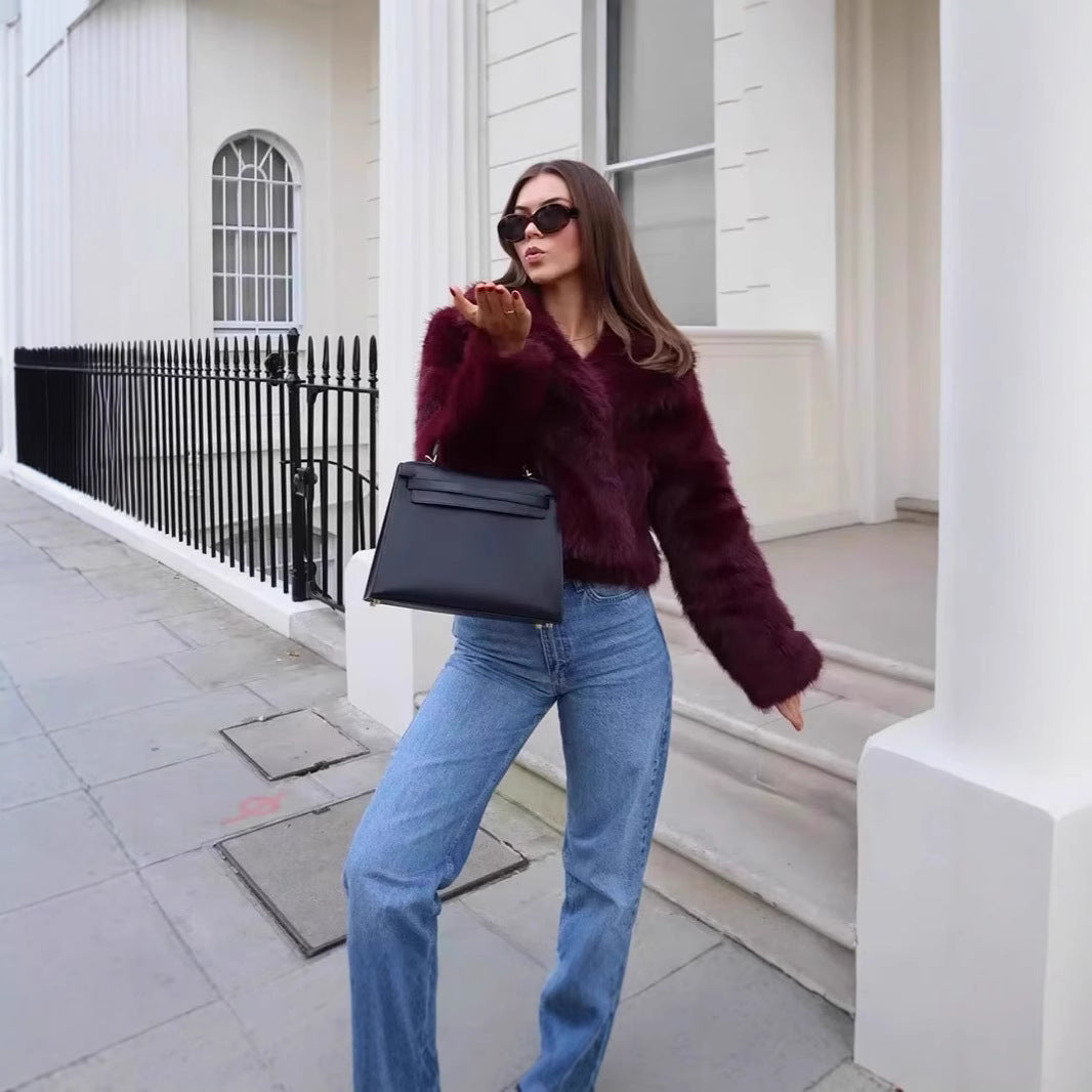 Damen Kurzer Teddy‑Faux‑Fur‑Cropped‑Blouson mit innenliegender Knopfleiste und soften Ärmelabschlüssen Drune