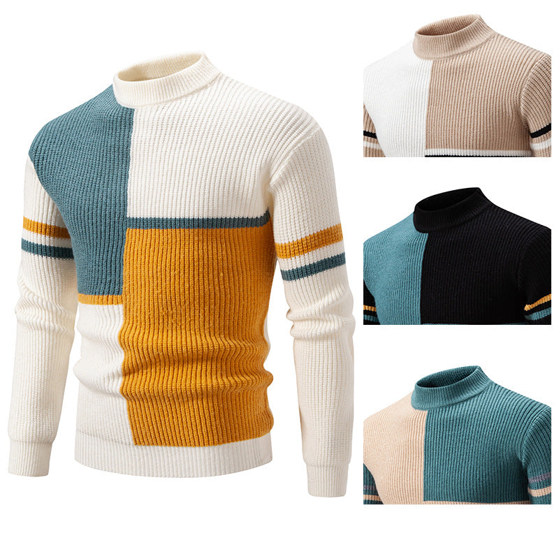 Herren Grobstrick-Pullover mit Stehkragen und kontrastierendem Blockstreifenmuster Drune