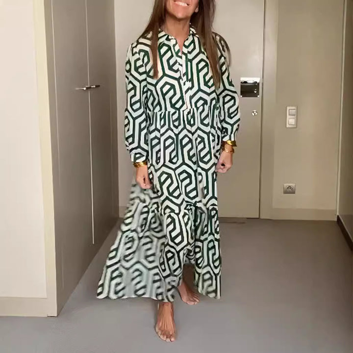 Damen nan langes Hemdkragen-Stufenkleid mit geometrischem Alloverprint und geraffter Taillenpasse Drune