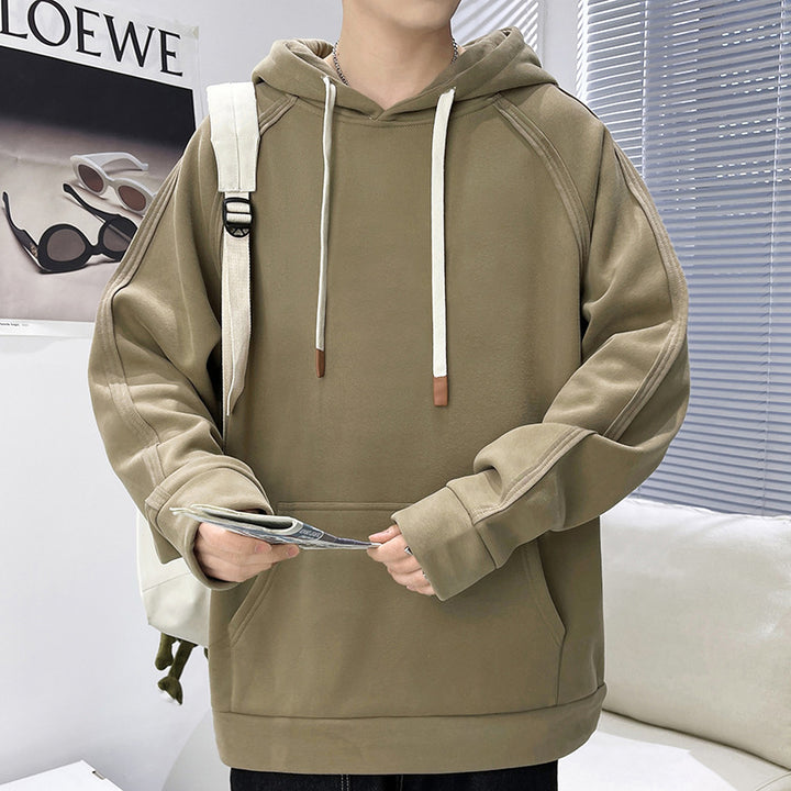 Herren Oversize Kapuzenpullover mit Kängurutasche Raglanärmeln und extra langen Kordeln Drune