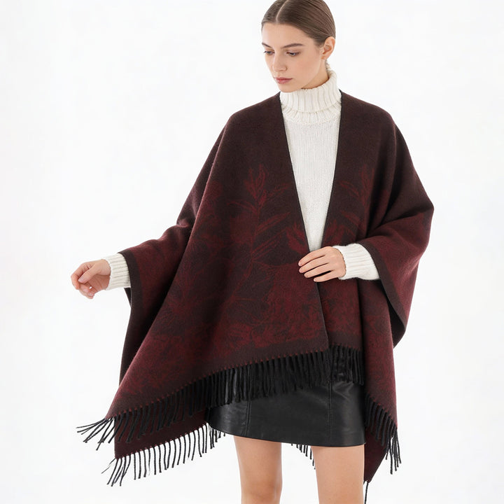 Damen V‑Ausschnitt Cape‑Poncho mit floralem Jacquard und Fransensaum Drune