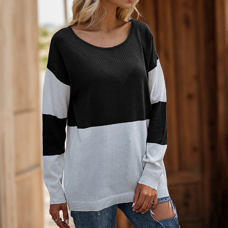 Damen Oversize Strickpullover mit Rundhals, Ajour-Dreieck und Blockstreifen Drune