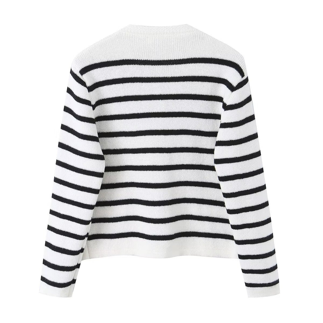 Damen Gestreifte Feinstrick‑Cardigan mit Rundhalsausschnitt, aufgesetzten Taschen und Zierknöpfen Drune