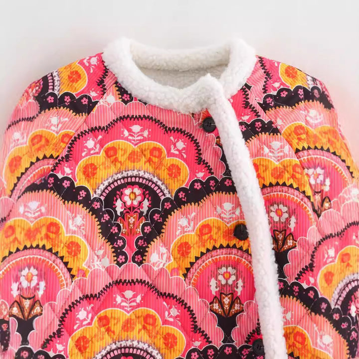 Damen nan gesteppte Kurzjacke mit Teddyfutter, Rundhalsausschnitt und Druckknopfverschluss Drune
