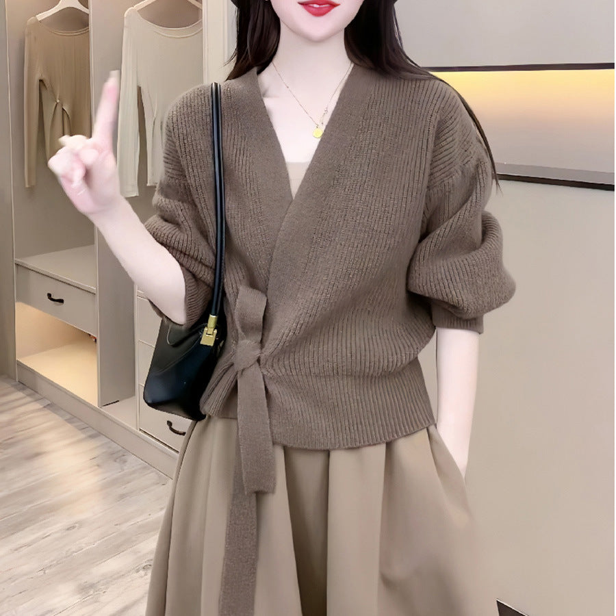 Damen elegante Wickelstrickjacke mit tiefem V-Ausschnitt und modischem Gürtel Drune