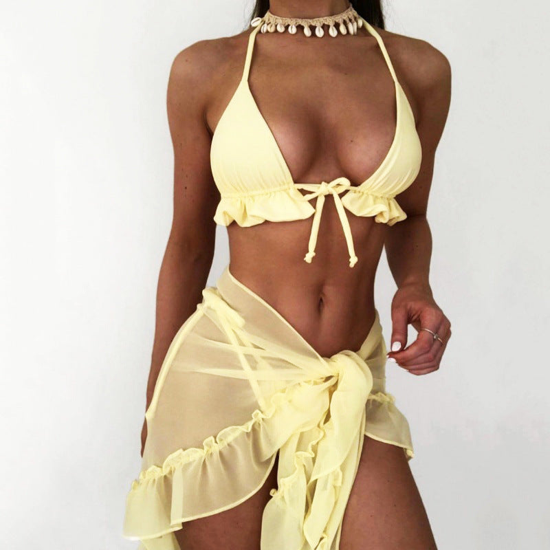 Damen Bikini-Set mit rüschenverziertem Oberteil und transparentem Wickelrock Drune