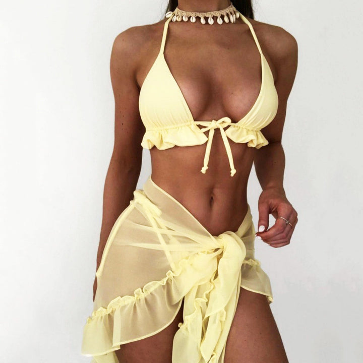 Damen Bikini-Set mit rüschenverziertem Oberteil und transparentem Wickelrock Drune