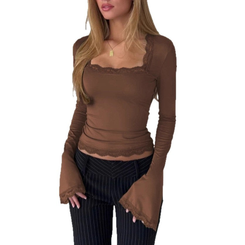 Damen Elegantes Langarm Top mit Spitzen-Detail Drune